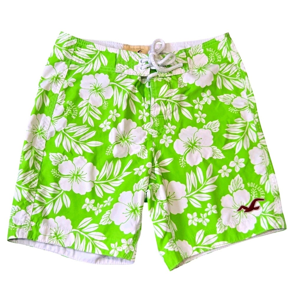 Hollister Men's‎ Board Shorts Green Floral Size S Drawstring Back Pocket
